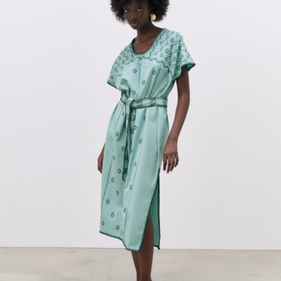 Zara Dresses & Skirts - Zara embroidered caftan midi dress linen blend